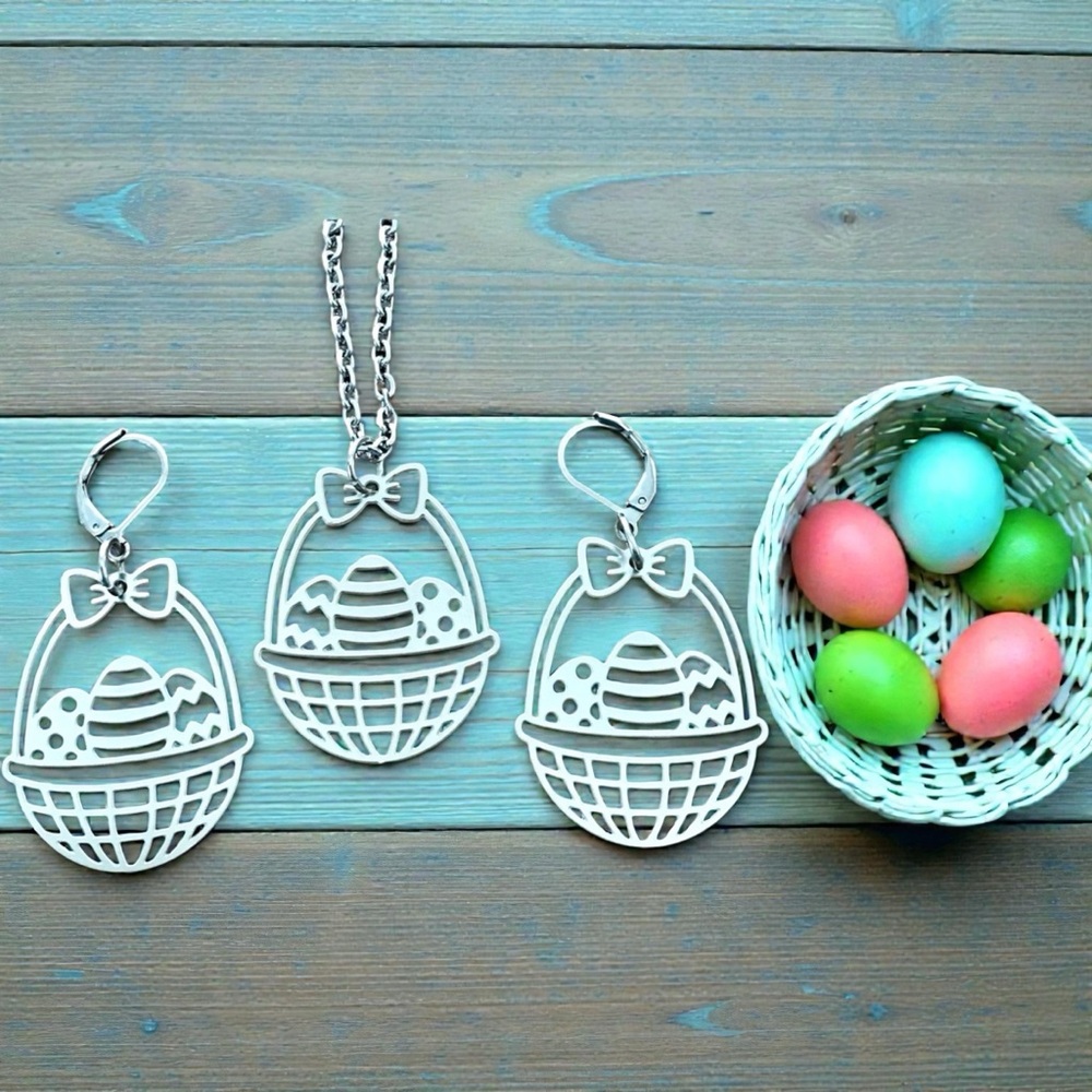 🆕Easter Egg Basket Laser Cut Necklace and Earrings Set